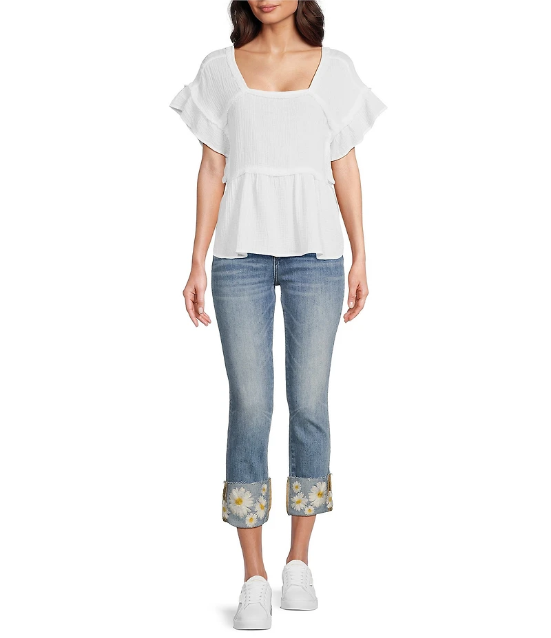 Driftwood Colette Stretch Denim Embroidered Daisy Cuffed Cropped Straight Leg Jeans