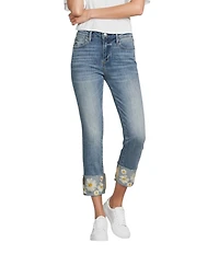 Driftwood Colette Stretch Denim Embroidered Daisy Cuffed Cropped Straight Leg Jeans