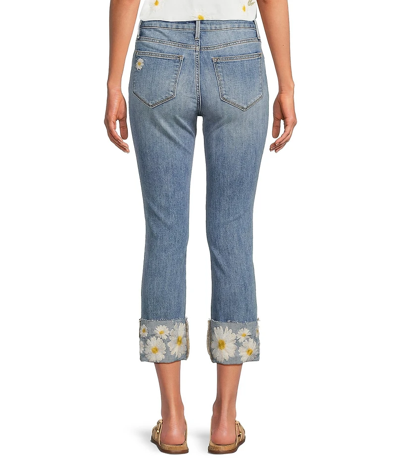 Driftwood Colette Stretch Denim Embroidered Daisy Cuffed Cropped Straight Leg Jeans