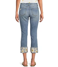 Driftwood Colette Stretch Denim Embroidered Daisy Cuffed Cropped Straight Leg Jeans
