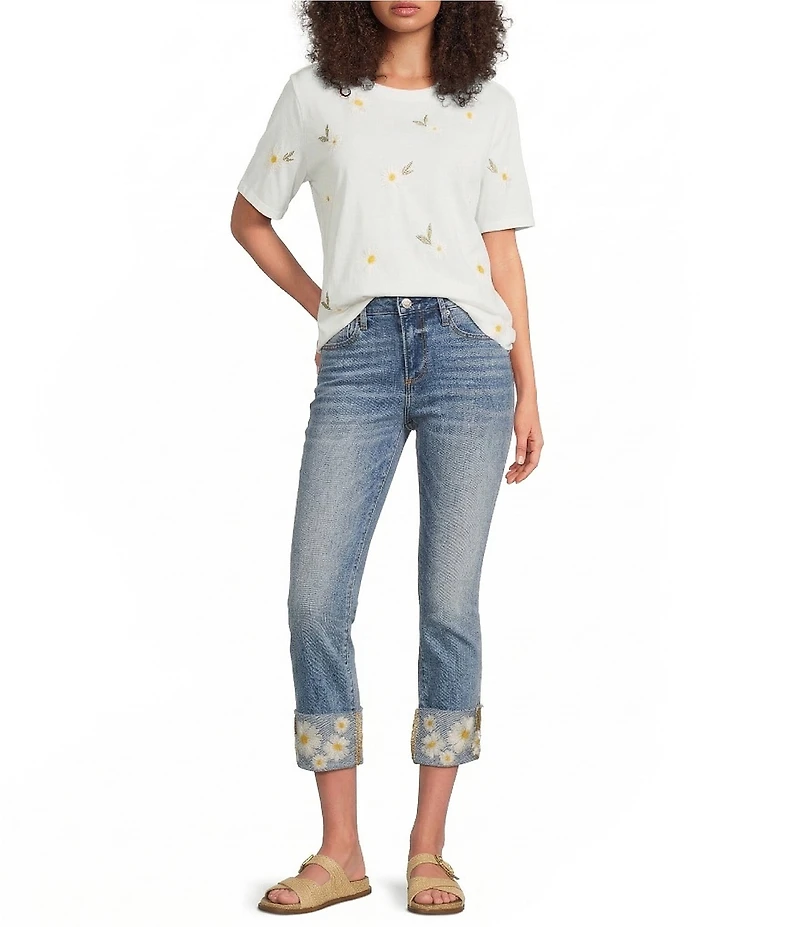 Driftwood Colette Stretch Denim Embroidered Daisy Cuffed Cropped Straight Leg Jeans