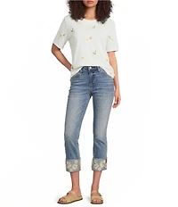 Driftwood Colette Stretch Denim Embroidered Daisy Cuffed Cropped Straight Leg Jeans