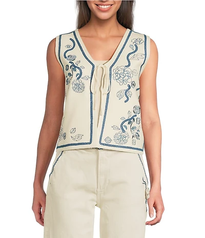 Driftwood Coordinating Knit V-Neck Sleeveless Ravishing Rosette Tie Front Vest