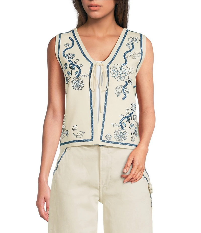 Driftwood Coordinating Knit V-Neck Sleeveless Ravishing Rosette Tie Front Vest