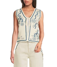 Driftwood Coordinating Knit V-Neck Sleeveless Ravishing Rosette Tie Front Vest