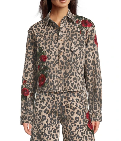 Driftwood Dani Coordinating Stretch Denim Leopard Print Point Collar Long Sleeve Floral Embroidered Jacket