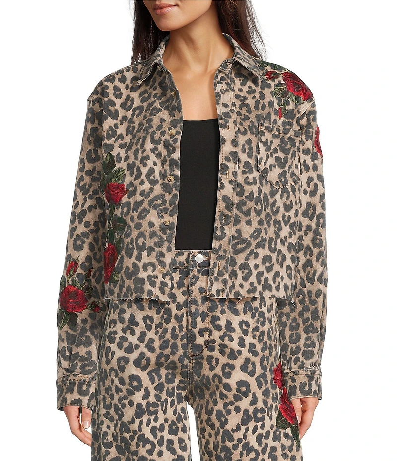 Driftwood Dani Coordinating Stretch Denim Leopard Print Point Collar Long Sleeve Floral Embroidered Jacket