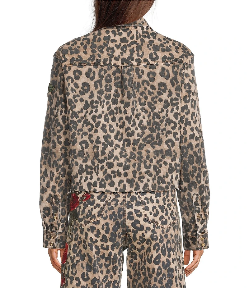 Driftwood Dani Coordinating Stretch Denim Leopard Print Point Collar Long Sleeve Floral Embroidered Jacket