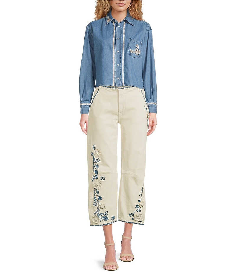 Driftwood Denim Point Collar Long Sleeve Embroidered Floral Applique Shirt