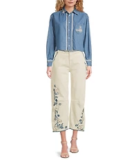 Driftwood Denim Point Collar Long Sleeve Embroidered Floral Applique Shirt