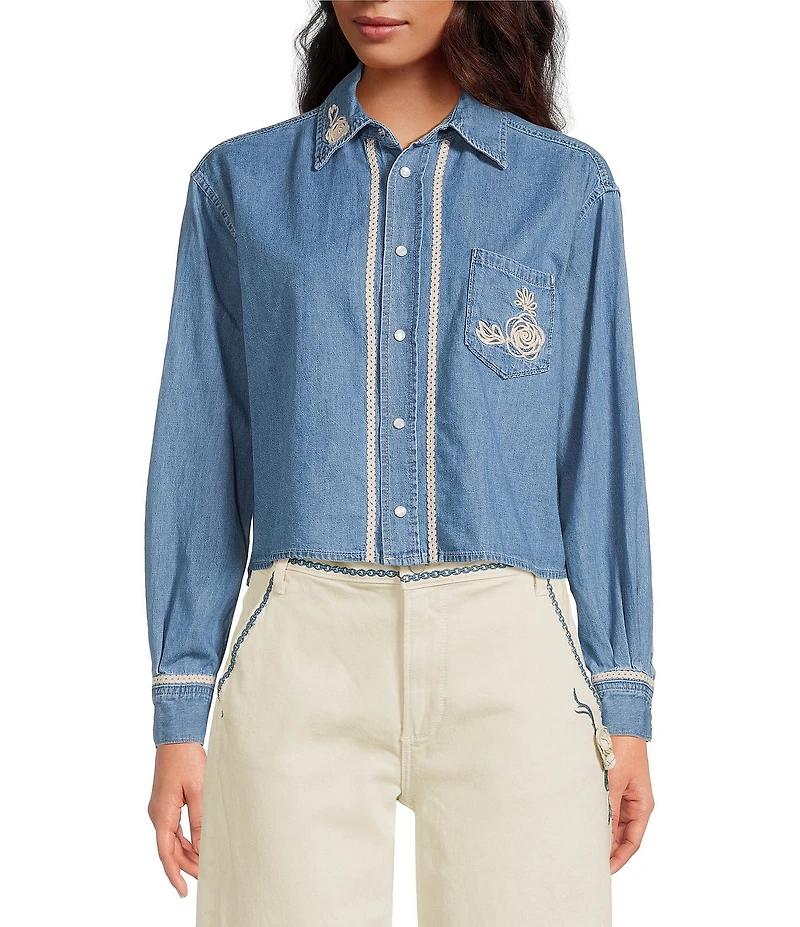 Driftwood Denim Point Collar Long Sleeve Embroidered Floral Applique Shirt