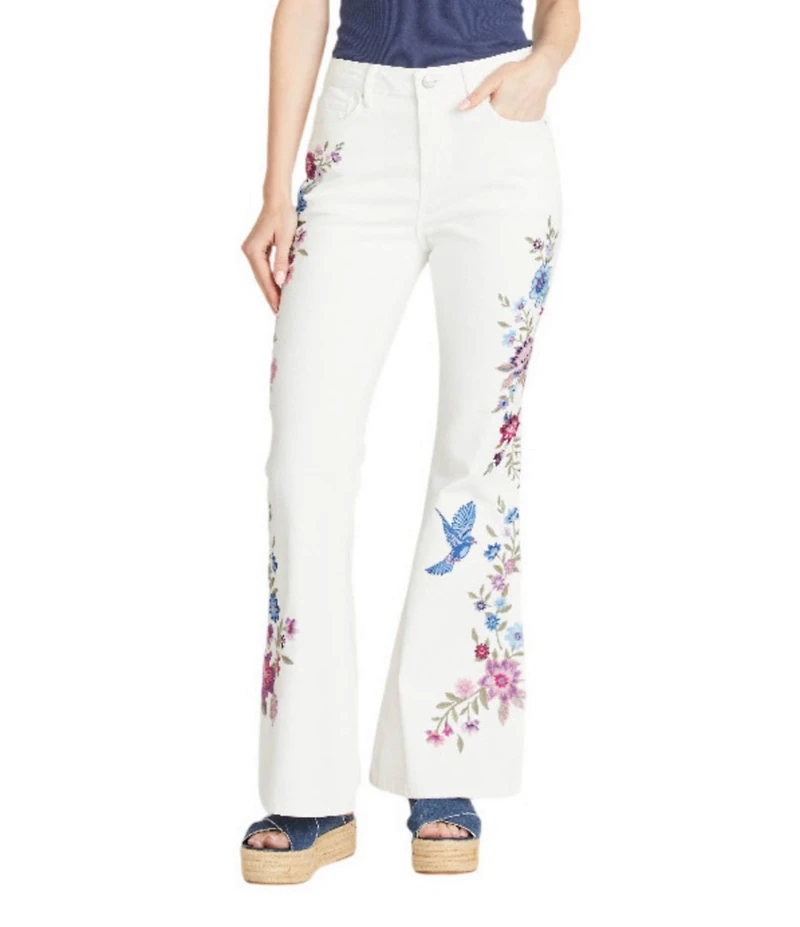 Driftwood Farrah Stretch Denim High Rise Embroidered Bird Wide Leg Jeans