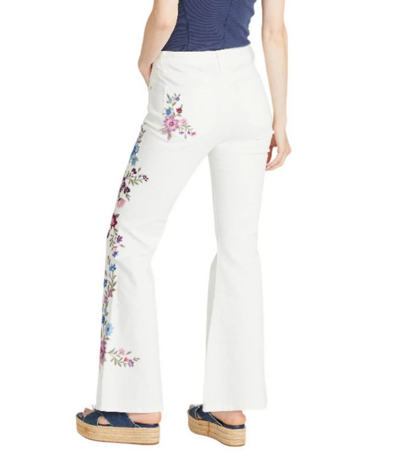 Driftwood Farrah Stretch Denim High Rise Embroidered Bird Wide Leg Jeans
