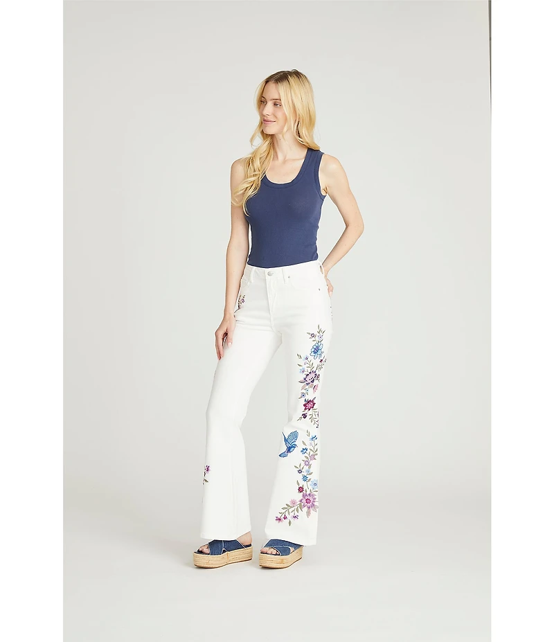 Driftwood Farrah Stretch Denim High Rise Embroidered Bird Wide Leg Jeans