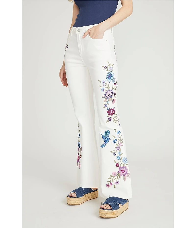 Driftwood Farrah Stretch Denim High Rise Embroidered Bird Wide Leg Jeans