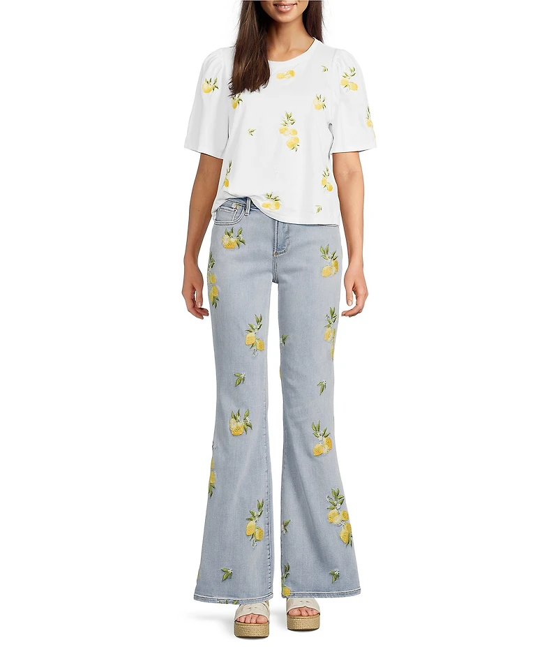 Driftwood Farrah x Limoncello Embroidered Lemon Flare Leg Jeans