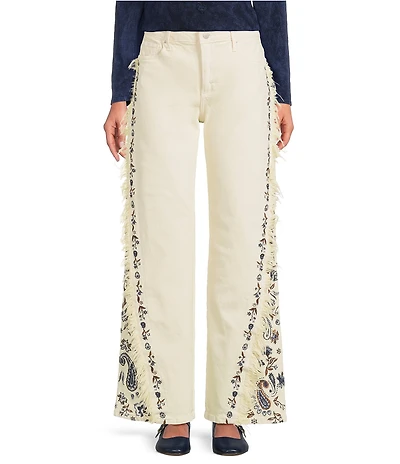 Driftwood Frankie Stretch Denim Paisley Embroidered Wide Leg Jeans