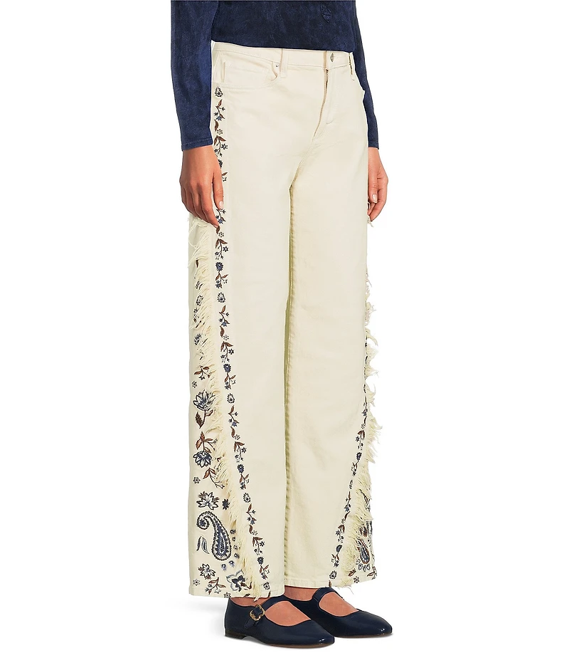 Driftwood Frankie Stretch Denim Paisley Embroidered Wide Leg Jeans