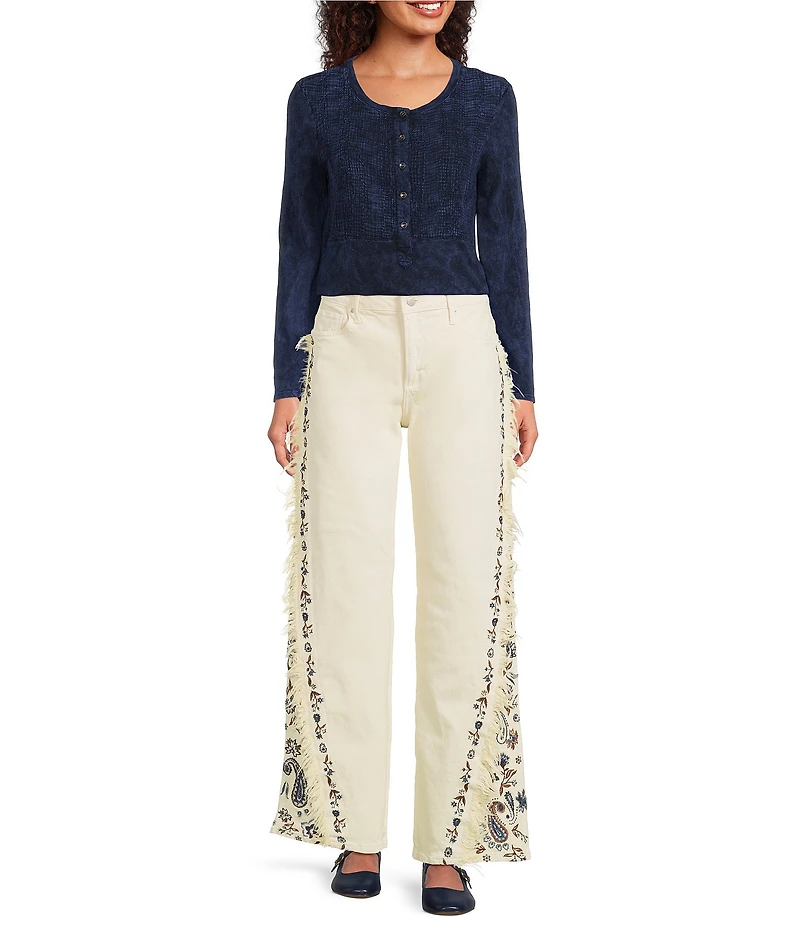 Driftwood Frankie Stretch Denim Paisley Embroidered Wide Leg Jeans