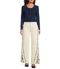 Driftwood Frankie Stretch Denim Paisley Embroidered Wide Leg Jeans