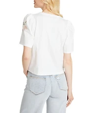 Driftwood Knit Crew Neck Short Sleeve Roses Embroidered Tee