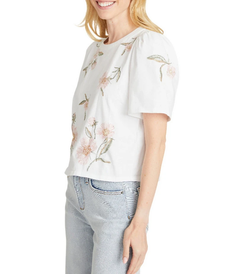 Driftwood Knit Crew Neck Short Sleeve Roses Embroidered Tee
