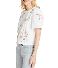 Driftwood Knit Crew Neck Short Sleeve Roses Embroidered Tee