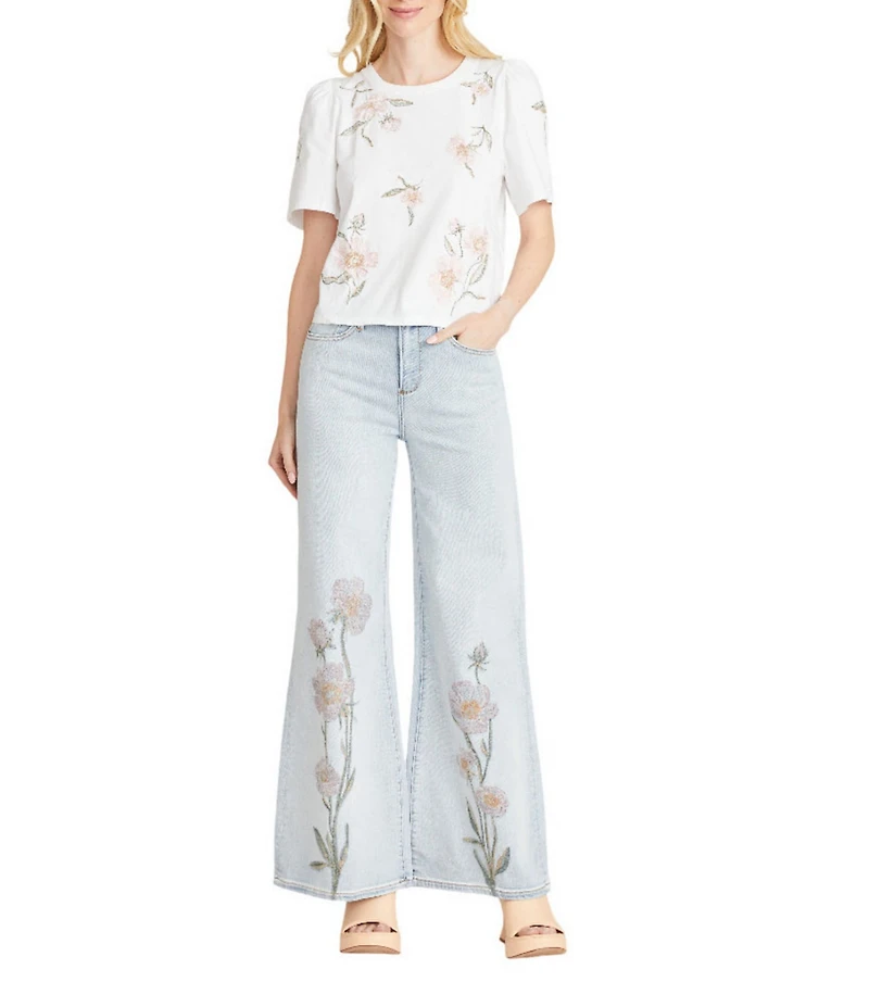 Driftwood Knit Crew Neck Short Sleeve Roses Embroidered Tee