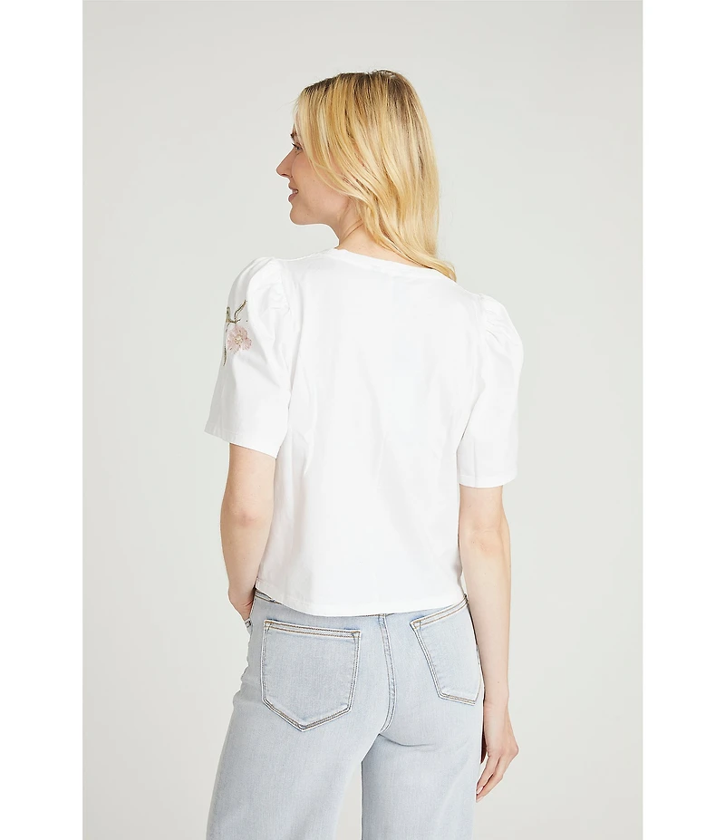 Driftwood Knit Crew Neck Short Sleeve Roses Embroidered Tee