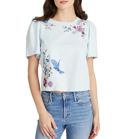 Driftwood Knit Floral Embroidered Crew Neck Short Sleeve Tee