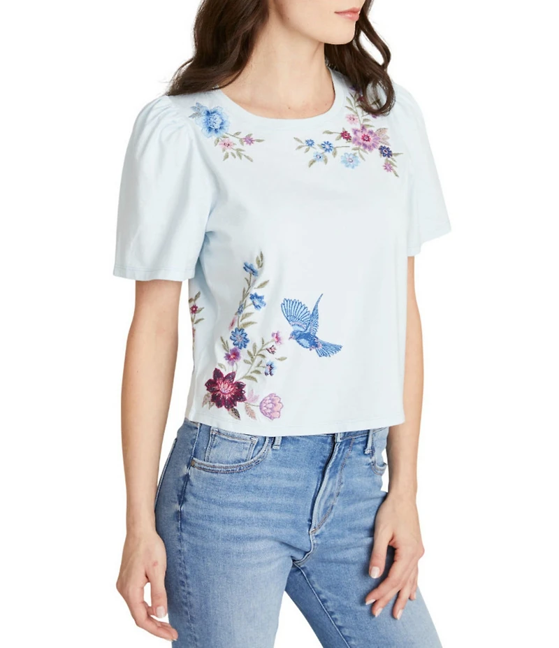 Driftwood Knit Floral Embroidered Crew Neck Short Sleeve Tee