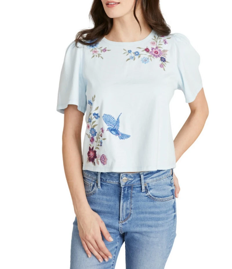 Driftwood Knit Floral Embroidered Crew Neck Short Sleeve Tee