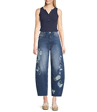 Driftwood Parker Stretch Denim Floral Foliage Embroidered Wide Leg Jeans