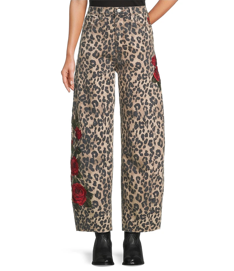 Driftwood Parker Coordinating Stretch Denim Leopard Print Embroidered Red Rose Barrel Leg Jeans