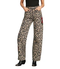Driftwood Parker Coordinating Stretch Denim Leopard Print Embroidered Red Rose Barrel Leg Jeans