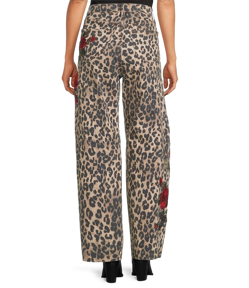 Driftwood Parker Coordinating Stretch Denim Leopard Print Embroidered Red Rose Barrel Leg Jeans