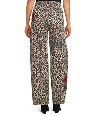 Driftwood Parker Coordinating Stretch Denim Leopard Print Embroidered Red Rose Barrel Leg Jeans