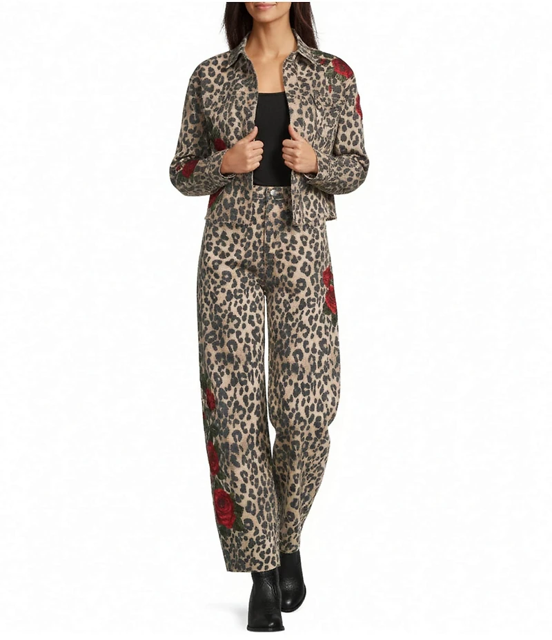Driftwood Parker Coordinating Stretch Denim Leopard Print Embroidered Red Rose Barrel Leg Jeans