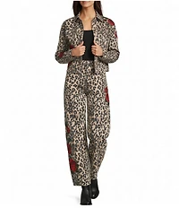 Driftwood Parker Coordinating Stretch Denim Leopard Print Embroidered Red Rose Barrel Leg Jeans