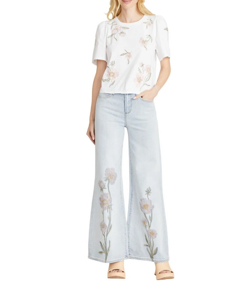 Driftwood Penelope Stretch Denim Garden Rose Embroidered Wide Leg Jeans