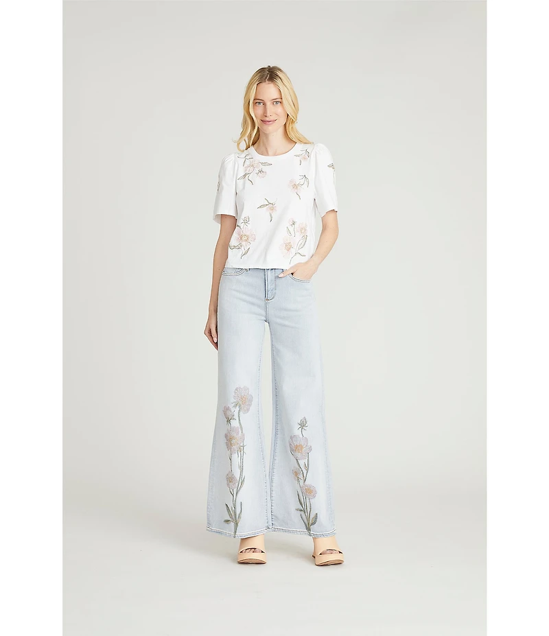 Driftwood Penelope Stretch Denim Garden Rose Embroidered Wide Leg Jeans