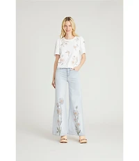 Driftwood Penelope Stretch Denim Garden Rose Embroidered Wide Leg Jeans