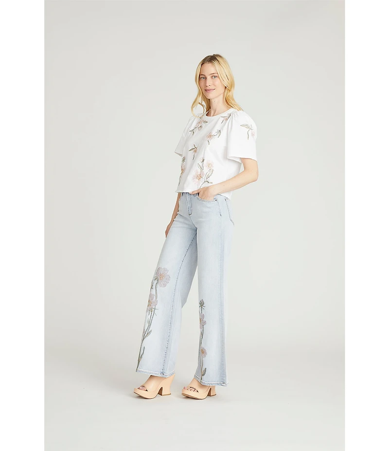 Driftwood Penelope Stretch Denim Garden Rose Embroidered Wide Leg Jeans
