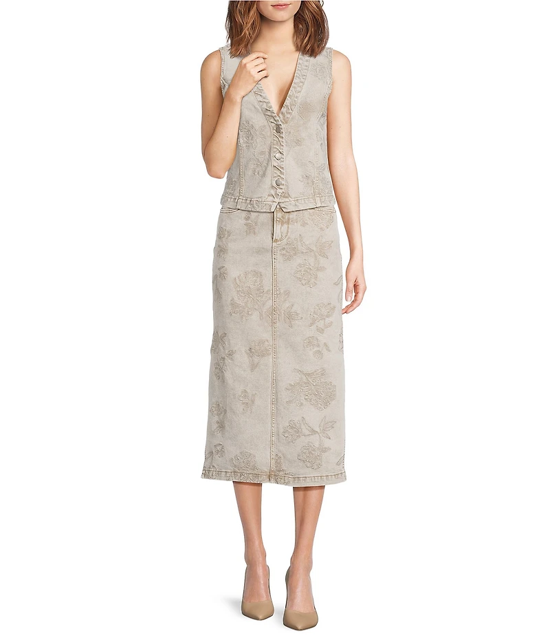Driftwood Print Stretch Denim Floral Print V-Neck Button Front Vest