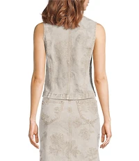 Driftwood Coordinating Print Stretch Denim Floral Print V-Neck Button Front Vest