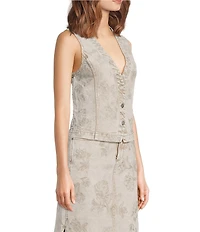 Driftwood Coordinating Print Stretch Denim Floral Print V-Neck Button Front Vest