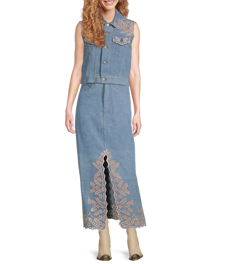 Driftwood Serena Eyelet Floral Embroidered Denim Skirt