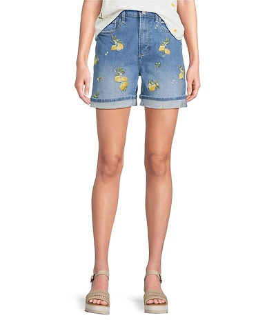 Driftwood Stretch Denim Embroidered High Rise Cuffed Shorts