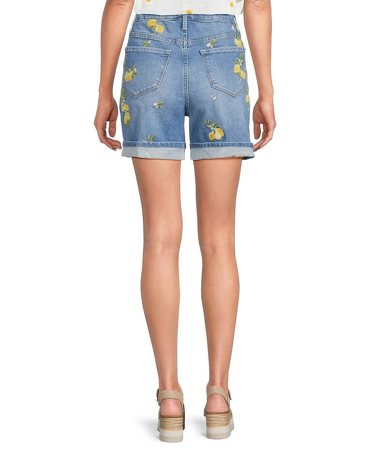 Driftwood Stretch Denim Embroidered High Rise Cuffed Shorts