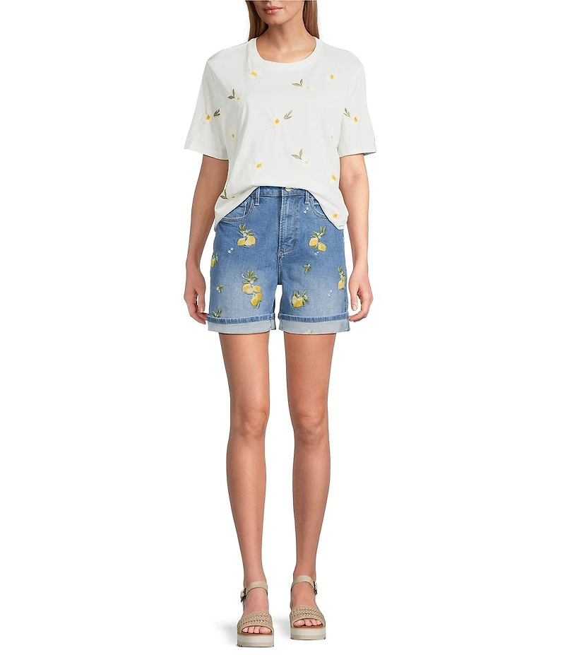Driftwood Stretch Denim Embroidered High Rise Cuffed Shorts